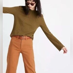 madewell texture & thread moss green ruffled mock neck top